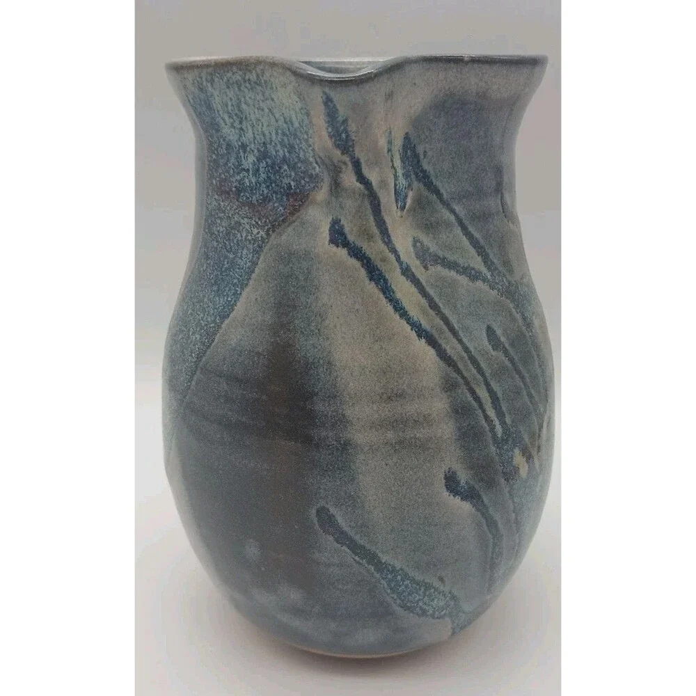 Studio Pottery Pitcher Signed Blue Gray Drip Redware